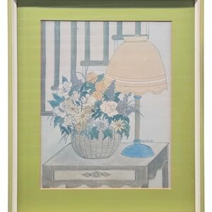 Vintage Flower Painting Lamp by Staircase by Reifman (Green) 1970 Watercolor